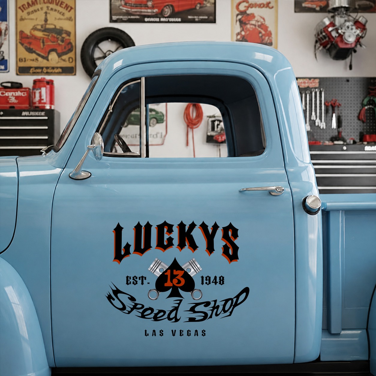 personalized hot rod garage | speed shop | lucky 13 vinyl sticker 09904 - Image 10
