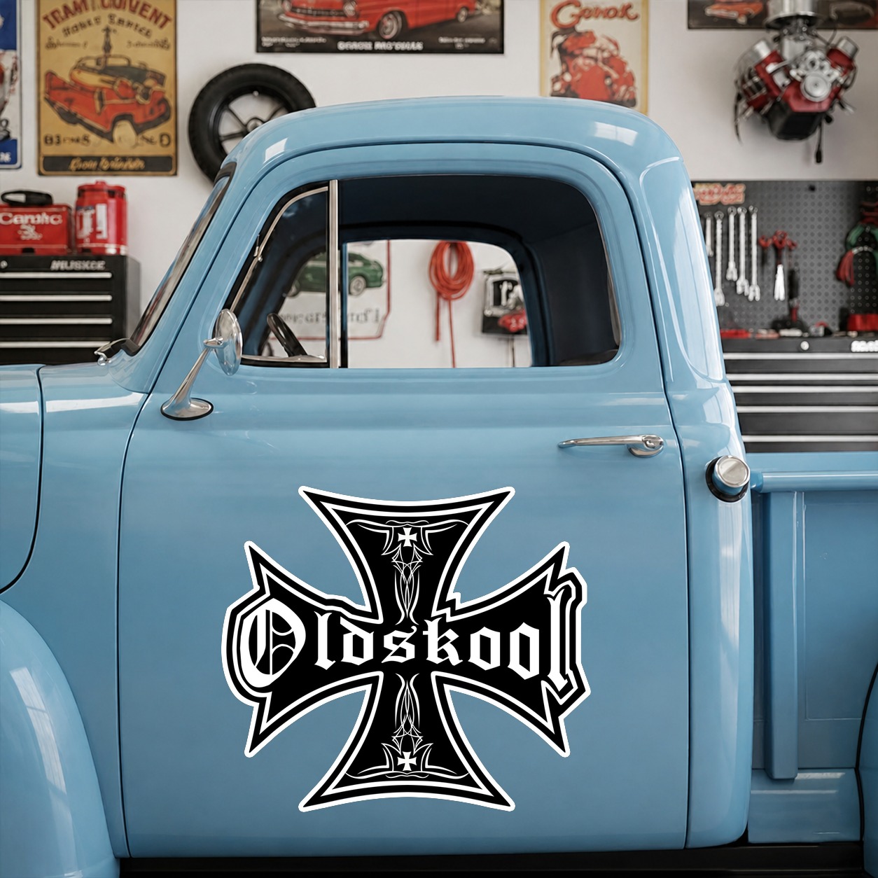 OLD SKOOL SCHOOL IRON CROSS | hot rod garage vinyl sticker 09921 - Image 7