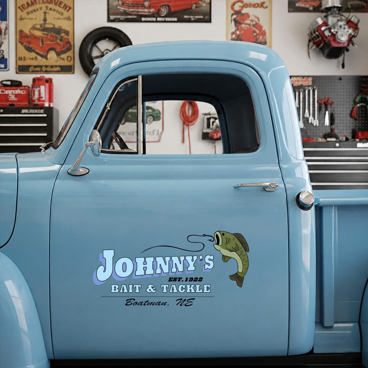 personalized hot rod garage | fishing | bait and tackle vinyl sticker 09931 - Image 7