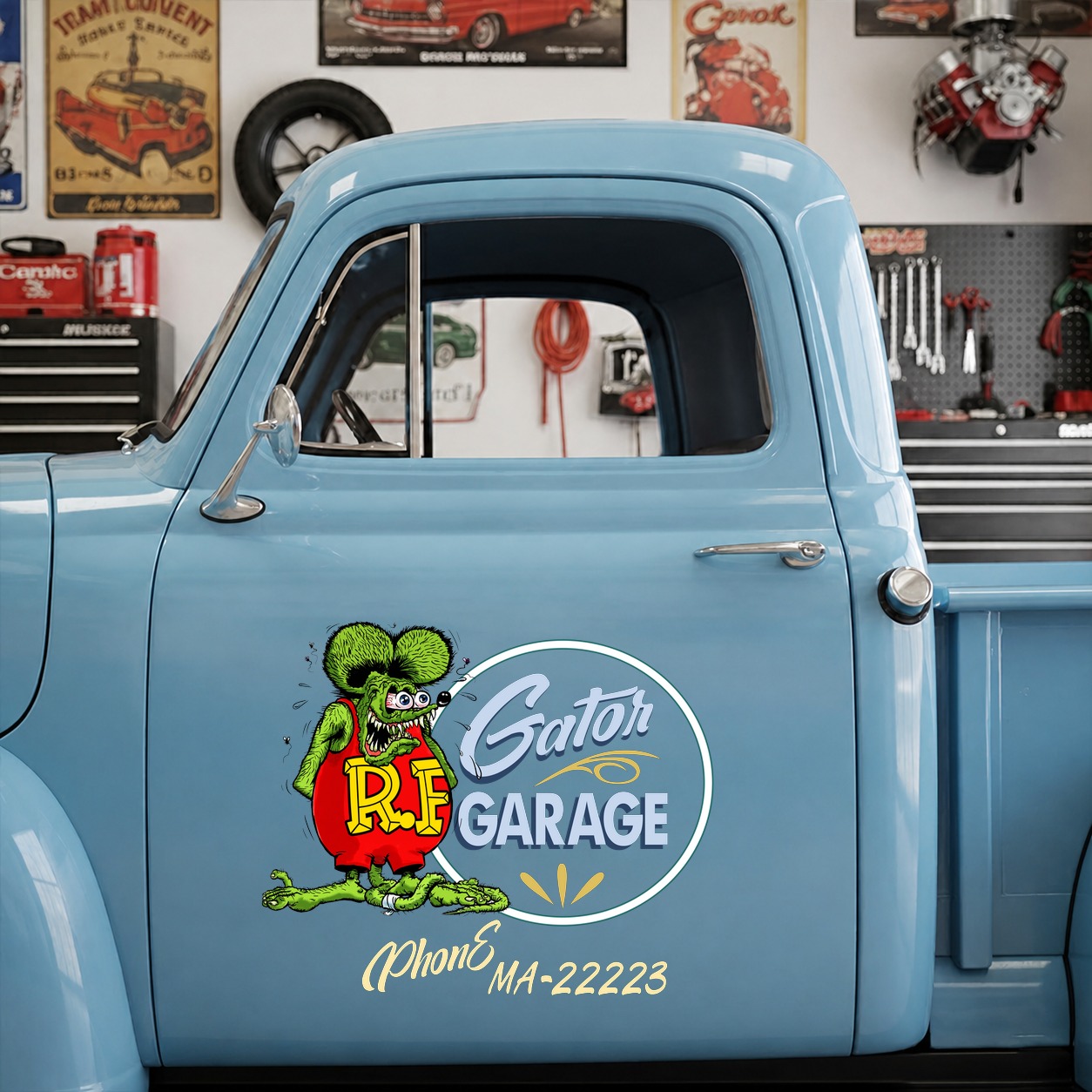 personalized hot rod garage | lowbrow art | rat fink vinyl sticker 09934 - Image 9