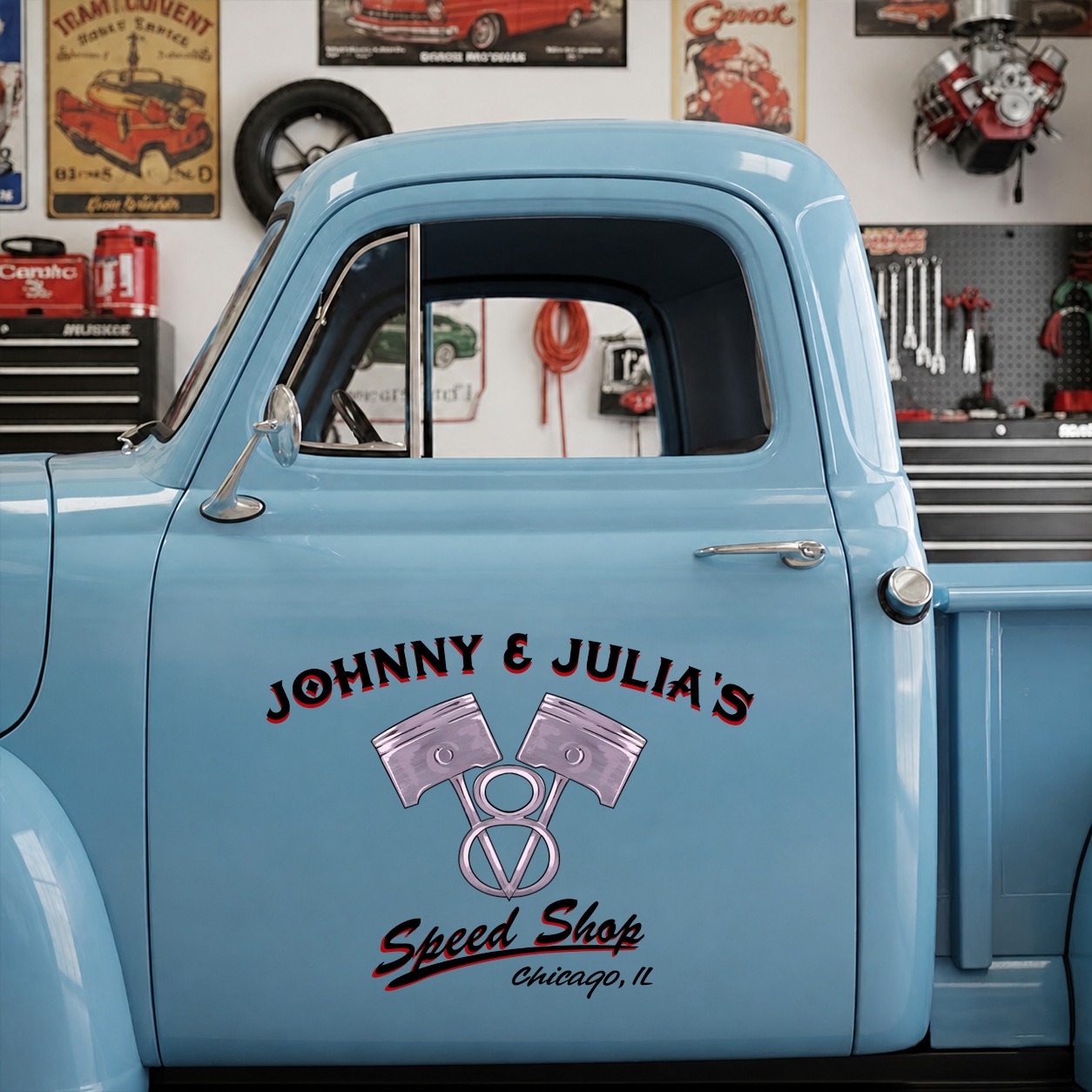 personalized hot rod garage | V8 garage | sped shop vinyl sticker 09935 - Image 9