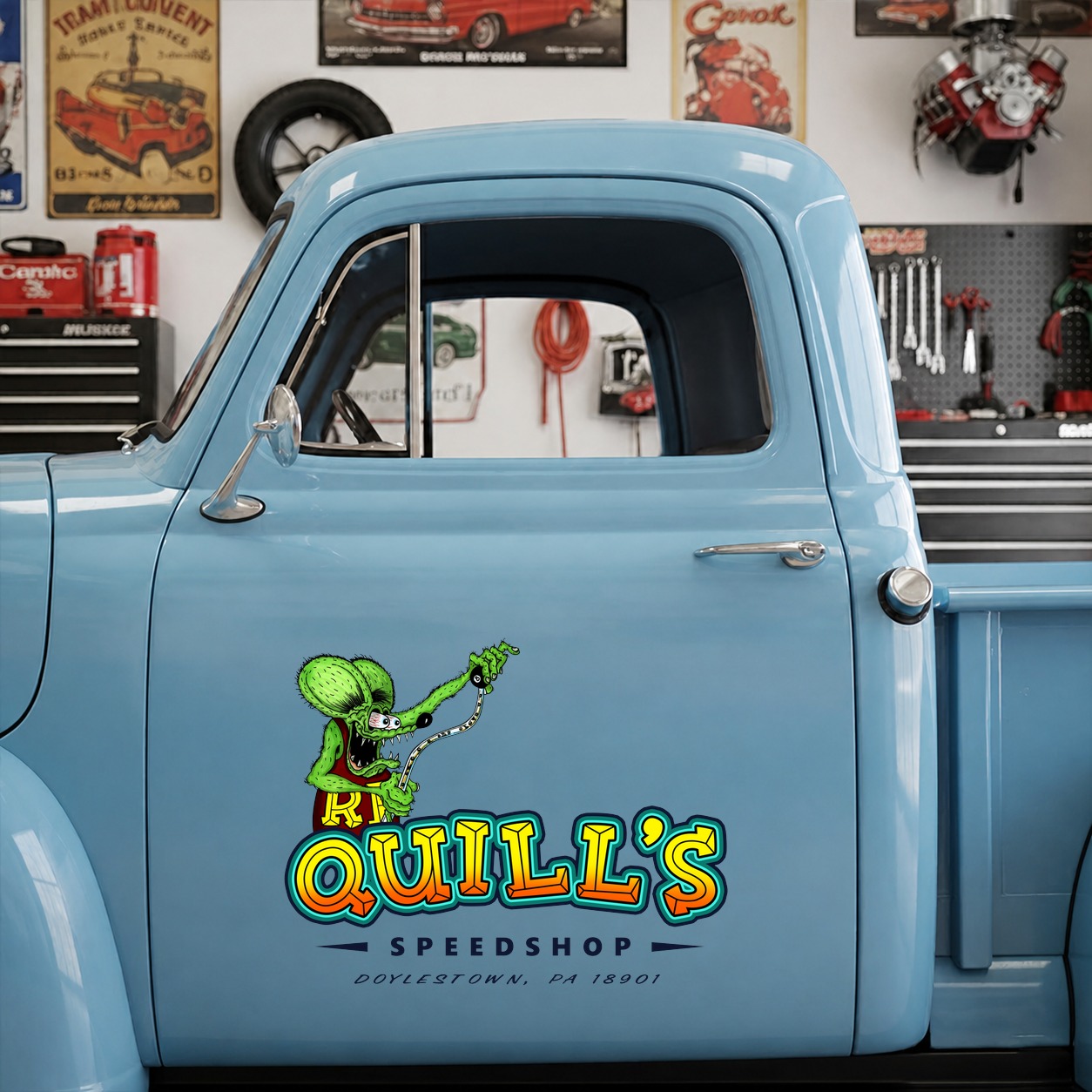 personalized hot rod garage | rat rod racing | lowbrow art | kustom kulture vinyl sticker 09961 - Image 7