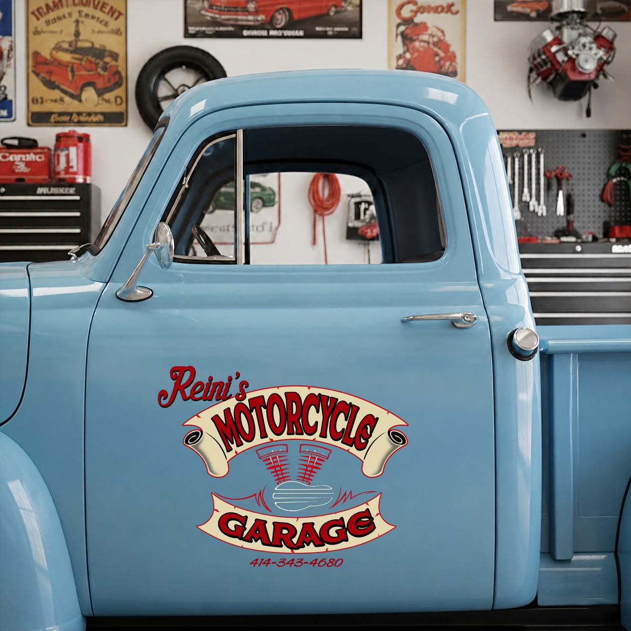 personalized hot rod garage | motorcycle garage | pinstriping garage | kustom kulture garage vinyl sticker 09998 - Image 7