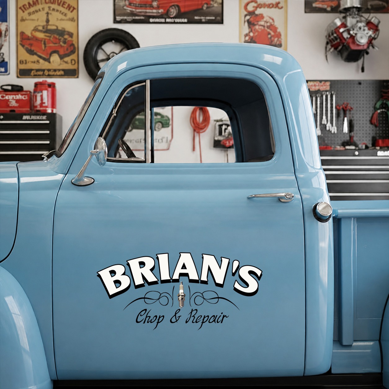 personalized hot rod garage | chop and repair | pinstriping spark plug vinyl sticker 09999 - Image 7