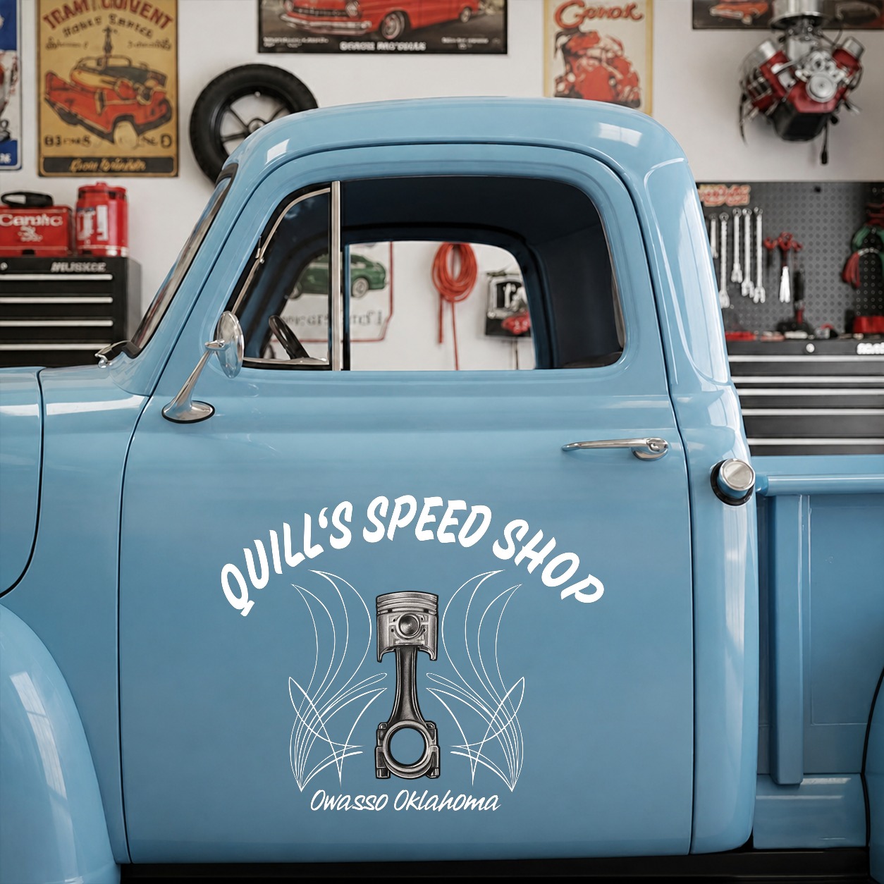personalized hot rod garage | pinston | pinstriping | kustom kulture vinyl sticker 10016 - Image 6