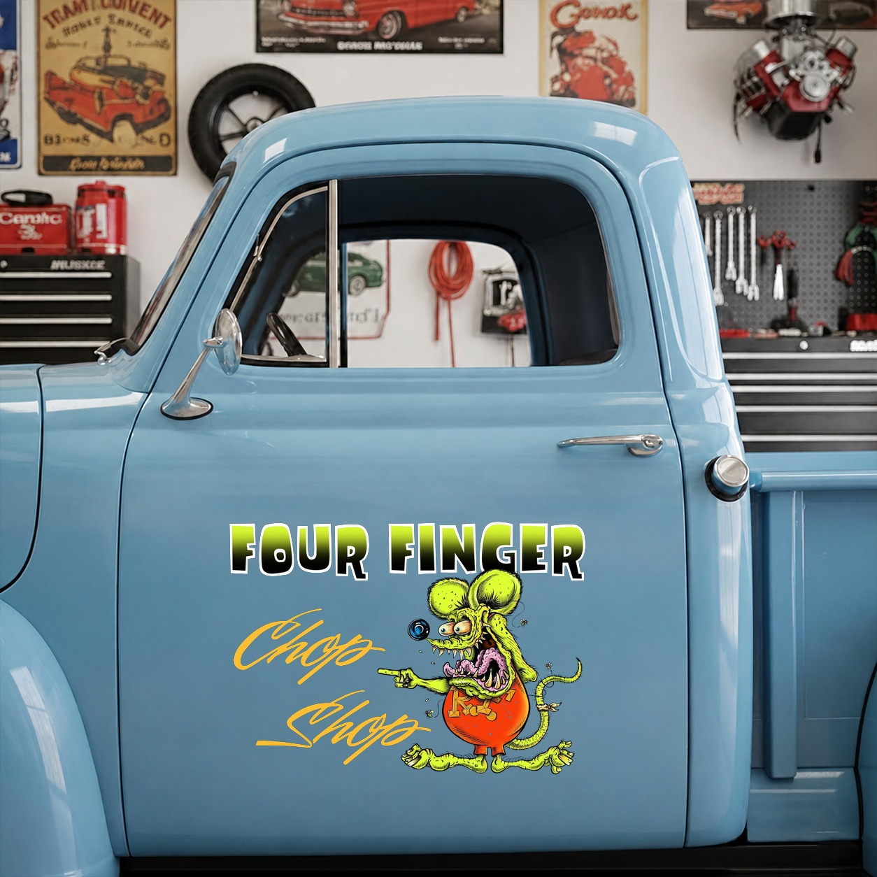 personalized hot rod garage | rat fink | lowbrow art | kustom kulture vinyl sticker 10054 - Image 7