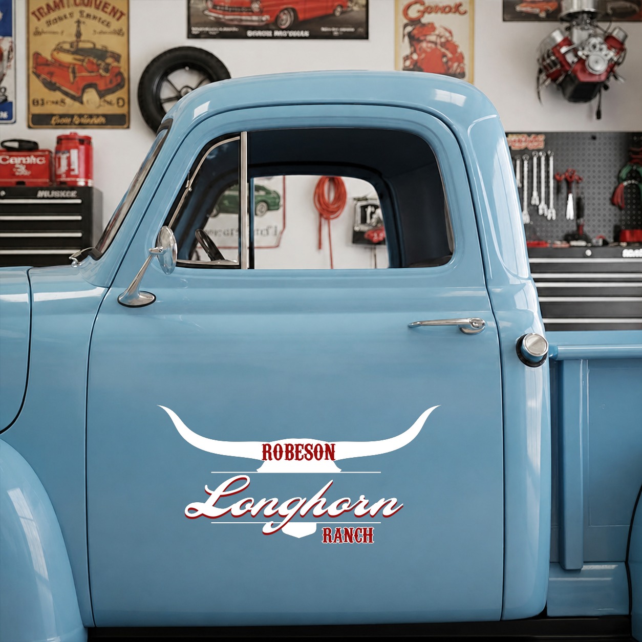 personalized longhorn ranch | pinstriping | farm truck | hot rod vinyl sticker 10085 - Image 6