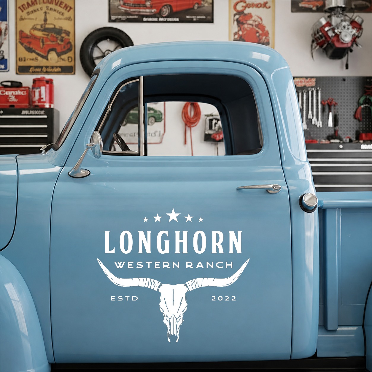 personalized longhorn ranch | pinstriping | farm truck | hot rod vinyl sticker 10087 - Image 6