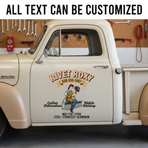 Personalized Mobile Welding Truck Door Decal with Custom Business Name and Retro Welder Girl Artwork sticker 14268