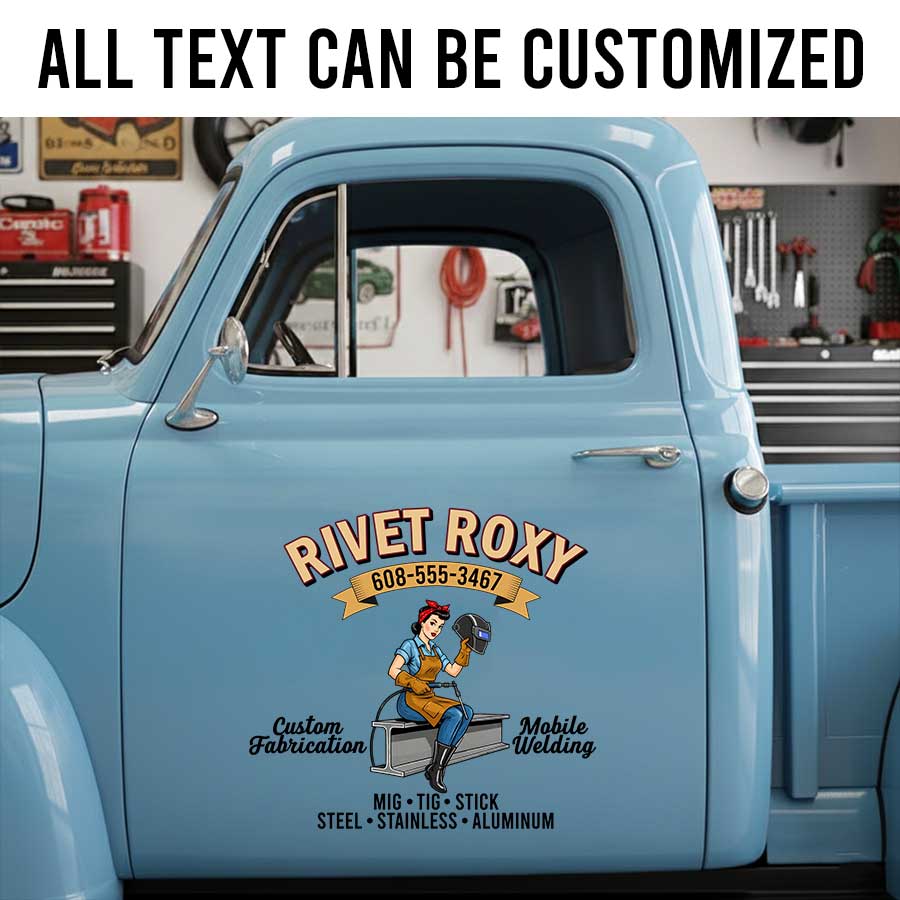 Personalized Mobile Welding Truck Door Decal with Custom Business Name and Retro Welder Girl Artwork sticker 14268 - Image 2