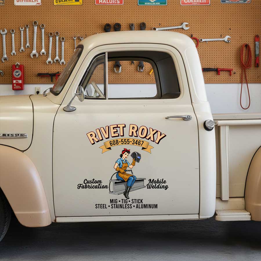 Personalized Mobile Welding Truck Door Decal with Custom Business Name and Retro Welder Girl Artwork sticker 14268 - Image 3