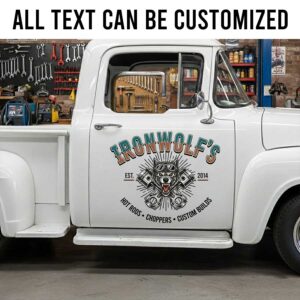 Personalized Hot Rod Shop Truck Decal with Vintage Wolf and Pistons Design sticker 14272