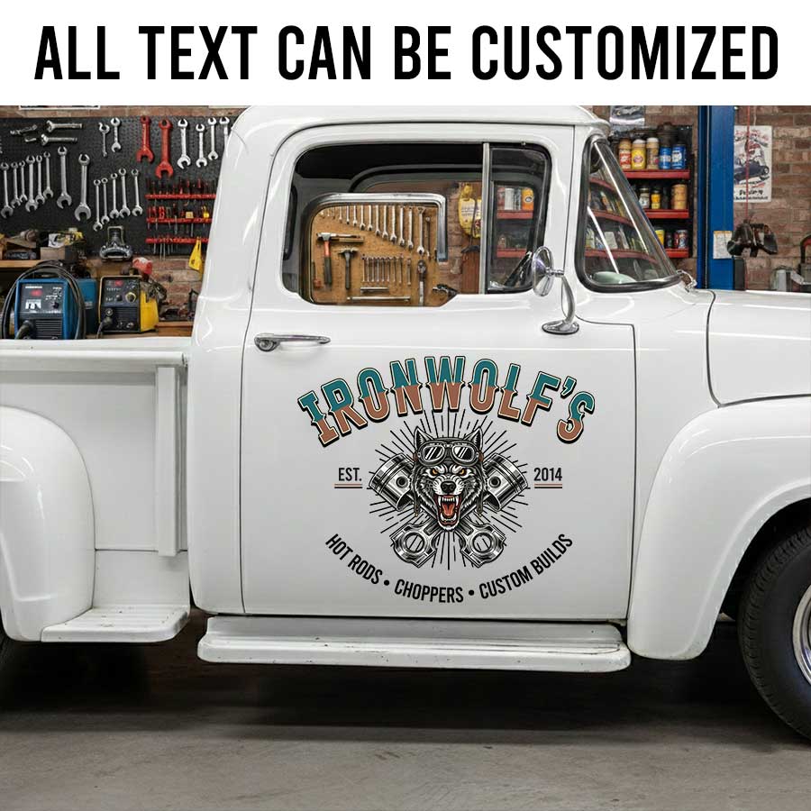 Personalized Hot Rod Shop Truck Decal with Vintage Wolf and Pistons Design sticker 14272