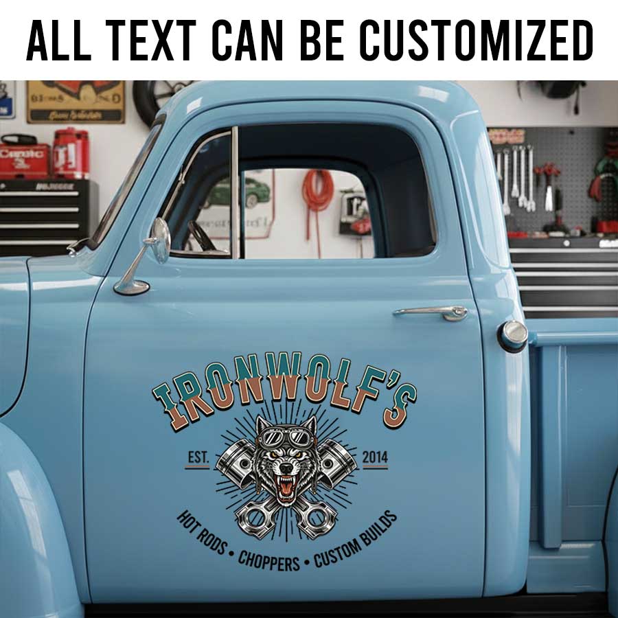 Personalized Hot Rod Shop Truck Decal with Vintage Wolf and Pistons Design sticker 14272 - Image 2