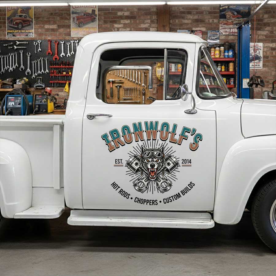 Personalized Hot Rod Shop Truck Decal with Vintage Wolf and Pistons Design sticker 14272 - Image 3