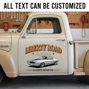 Personalized Classic Auto Works Truck Decal with Vintage Muscle Car Design sticker 14274