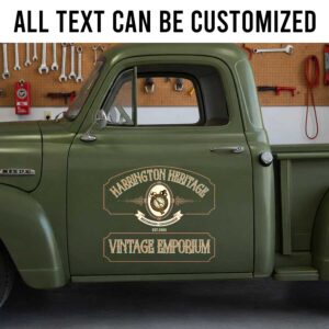 Custom Antique Shop Vehicle Lettering with Heritage Clock Logo and Victorian Style sticker 14276