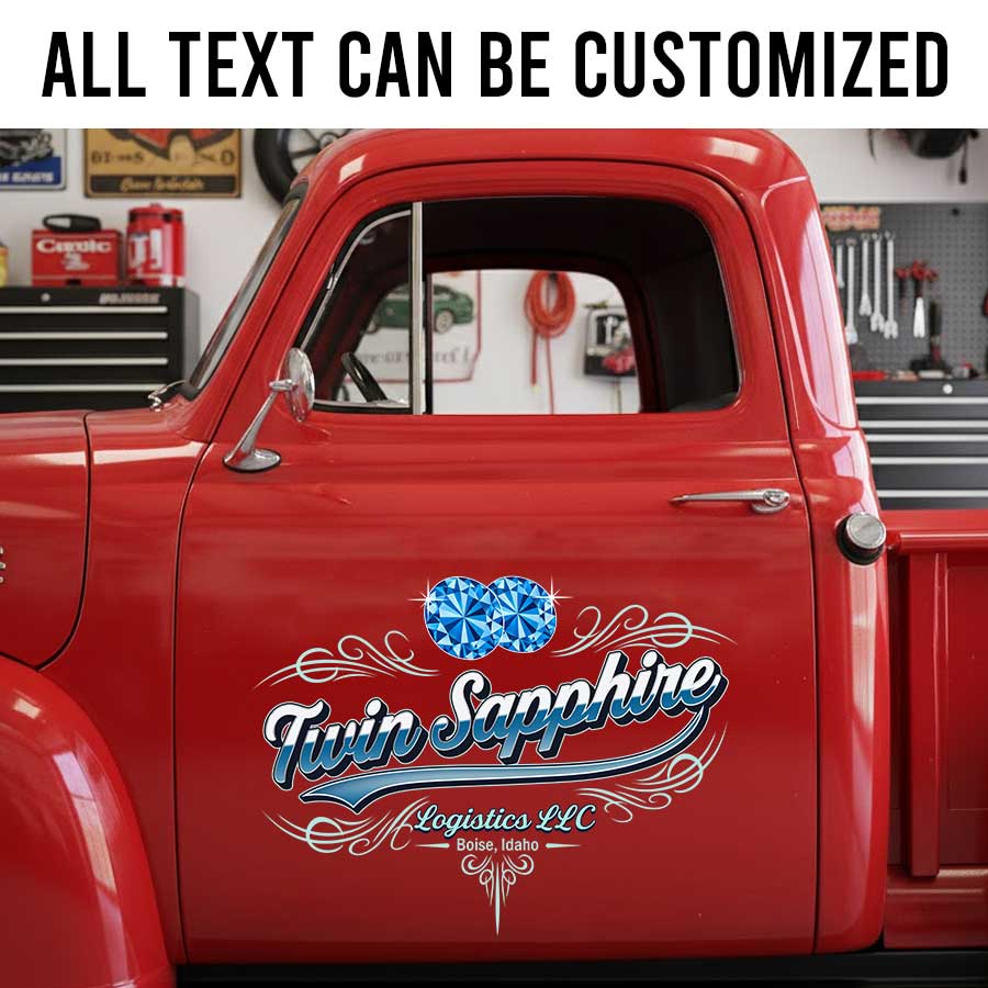 Personalized Logistics Truck Decal with Twin Sapphire Script and Gemstone Logo sticker 14285