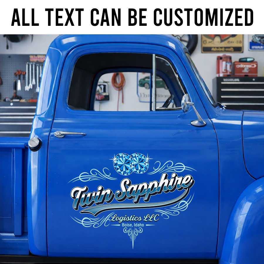 Personalized Logistics Truck Decal with Twin Sapphire Script and Gemstone Logo sticker 14285 - Image 2