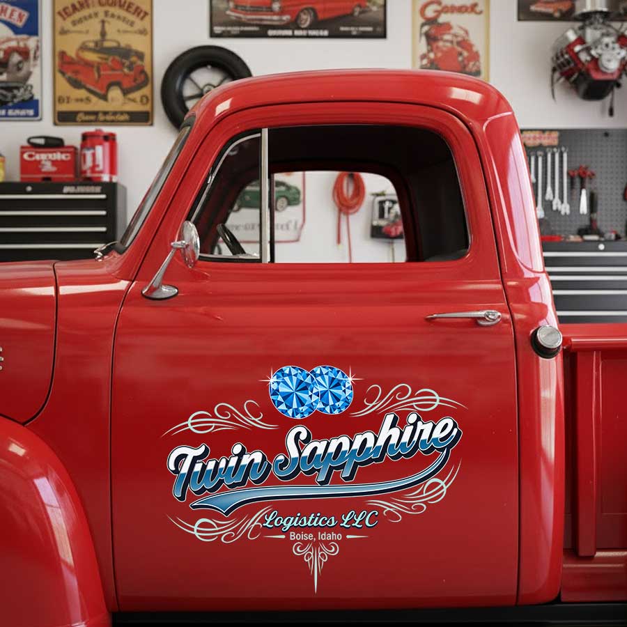 Personalized Logistics Truck Decal with Twin Sapphire Script and Gemstone Logo sticker 14285 - Image 3