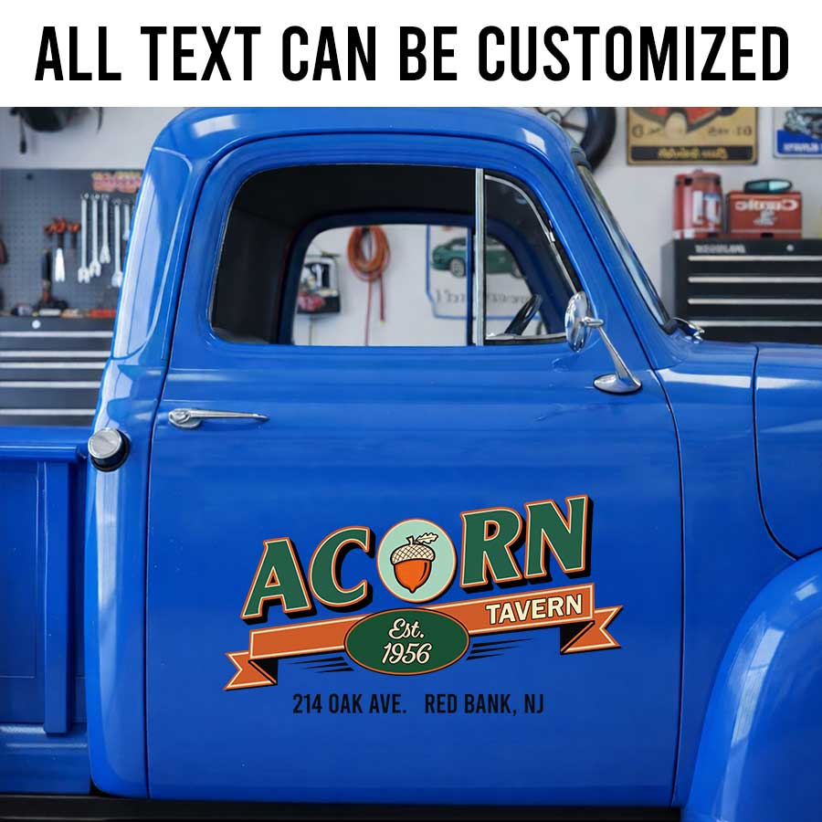 Personalized Tavern Truck Decal with Vintage Acorn Logo and Ribbon Design sticker 14288