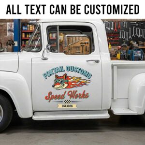 Personalized Speed Works Truck Decal with Flaming Fox Mascot Design sticker 14292