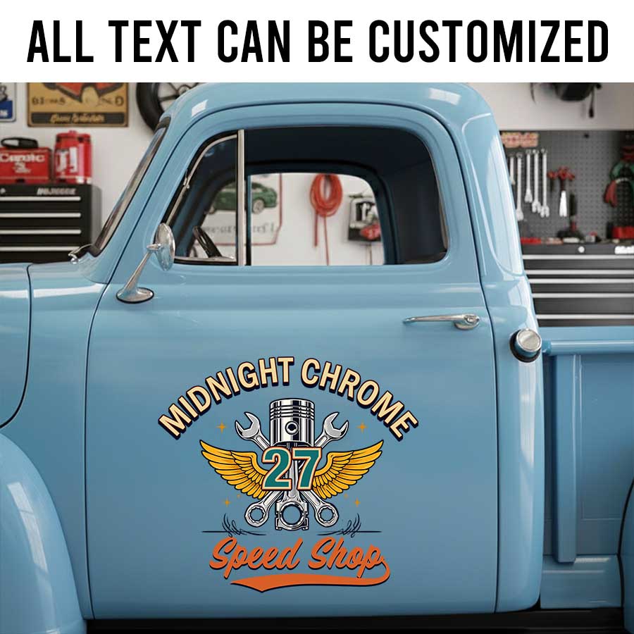 Personalized Piston and Wings Decal for Truck Door with Vintage Automotive Design sticker 14299