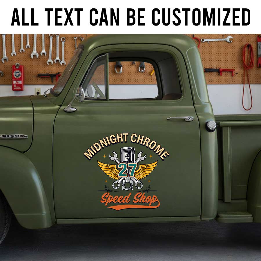 Personalized Piston and Wings Decal for Truck Door with Vintage Automotive Design sticker 14299 - Image 2