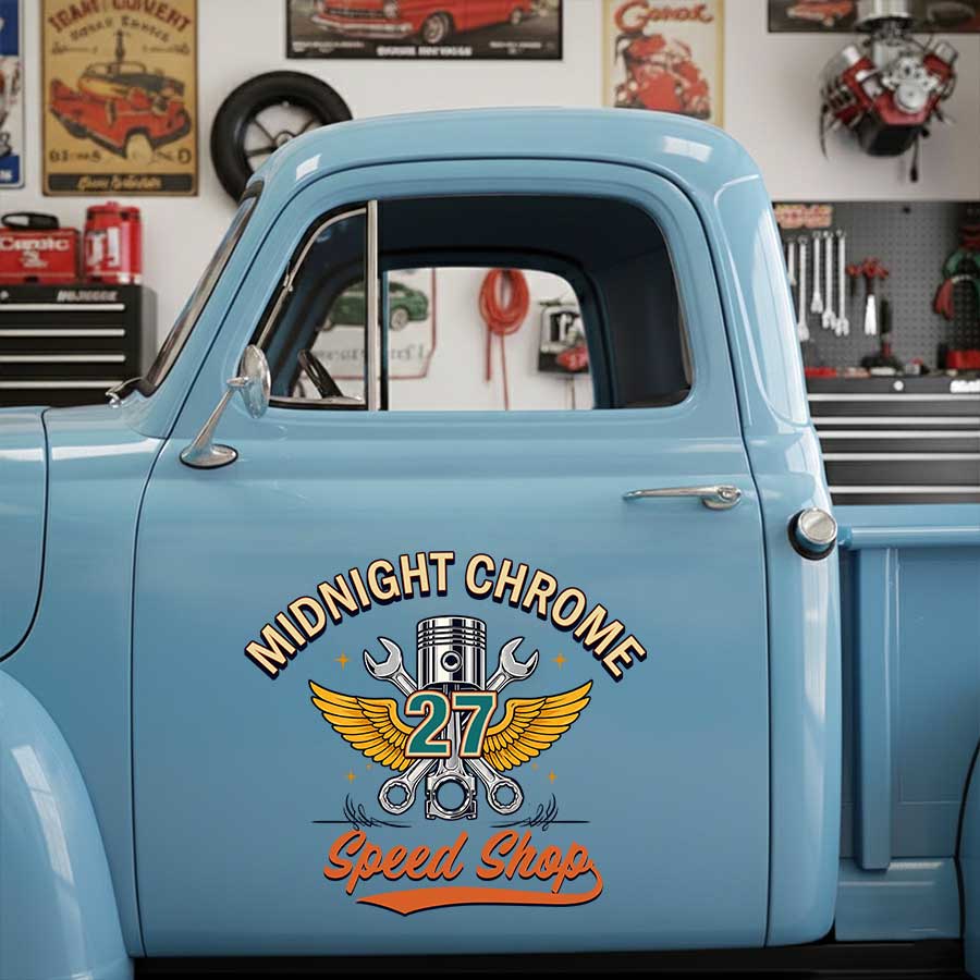 Personalized Piston and Wings Decal for Truck Door with Vintage Automotive Design sticker 14299 - Image 3