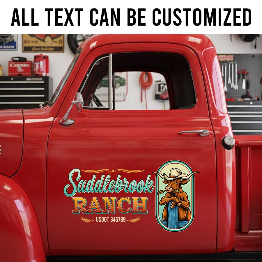 Personalized Bull and Cowboy Hat Decal for Truck Door with Vintage Western Design sticker 14302