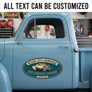 Personalized Vintage Hot Rod and Garage Theme Decal for Truck Door with Vintage Automotive Design sticker 14303