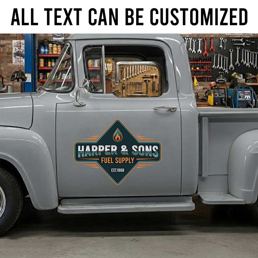 Personalized Flame and Vintage Lettering Decal for Truck Door with Vintage Automotive Design sticker 14304