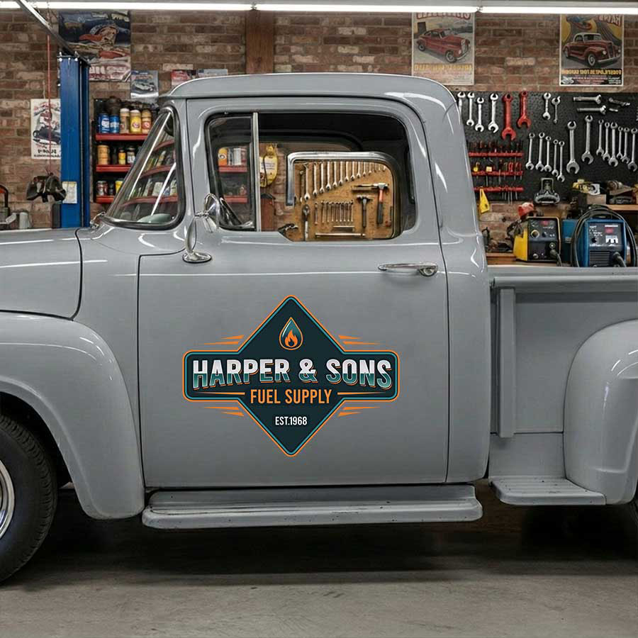 Personalized Flame and Vintage Lettering Decal for Truck Door with Vintage Automotive Design sticker 14304 - Image 3