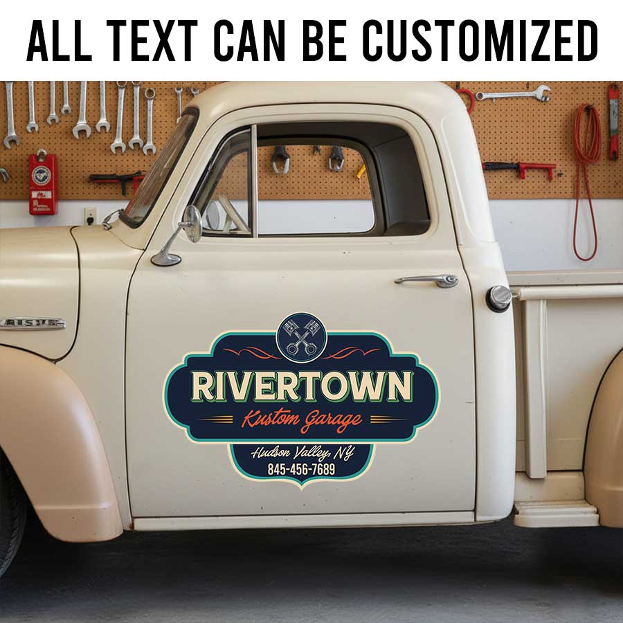 Personalized Crossing Pistons and Vintage Lettering Decal for Truck Door with Vintage Automotive Design sticker 14305