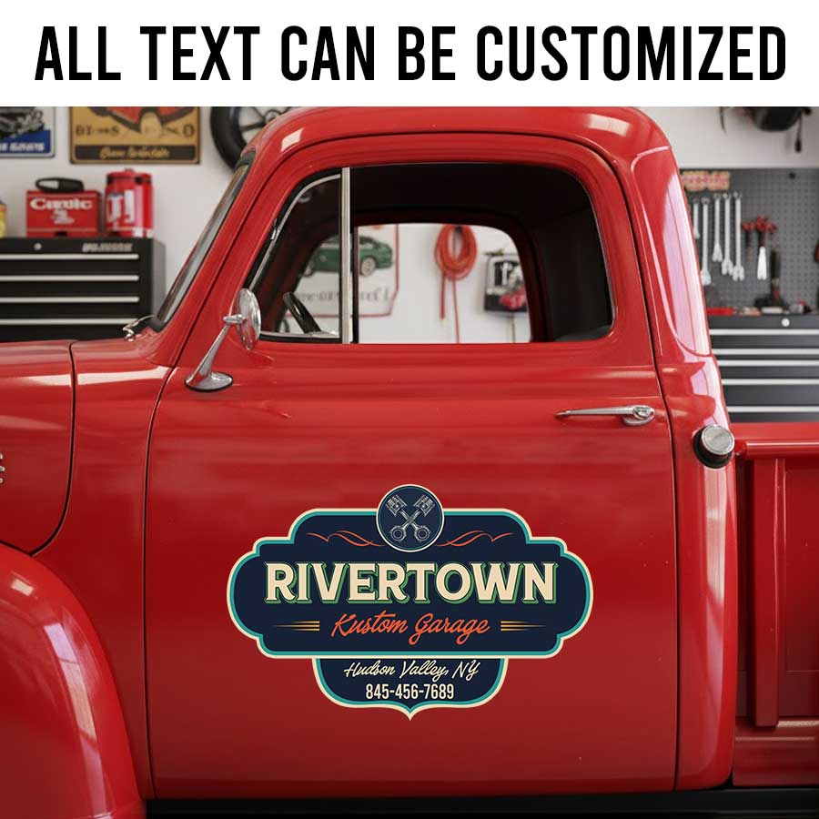 Personalized Crossing Pistons and Vintage Lettering Decal for Truck Door with Vintage Automotive Design sticker 14305 - Image 2