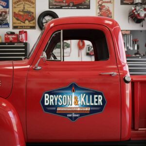 Personalized Flame and Text Decal for Truck Door with Vintage Automotive Design sticker 14307