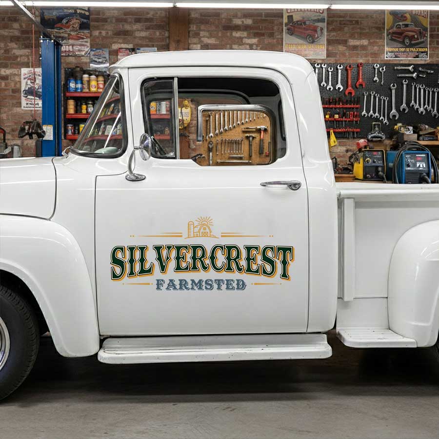 Personalized Barn and Sunburst Decal for Truck Door with Vintage Farm Design sticker 14312