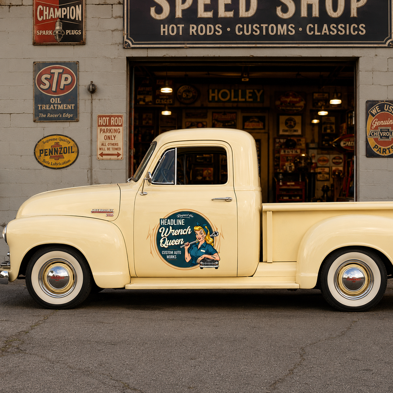 Personalized Wrench and Pinup Girl Decal for Truck Door with Vintage Automotive Design sticker 14317 - Image 3