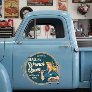 Personalized Wrench and Pinup Girl Decal for Truck Door with Vintage Automotive Design sticker 14317