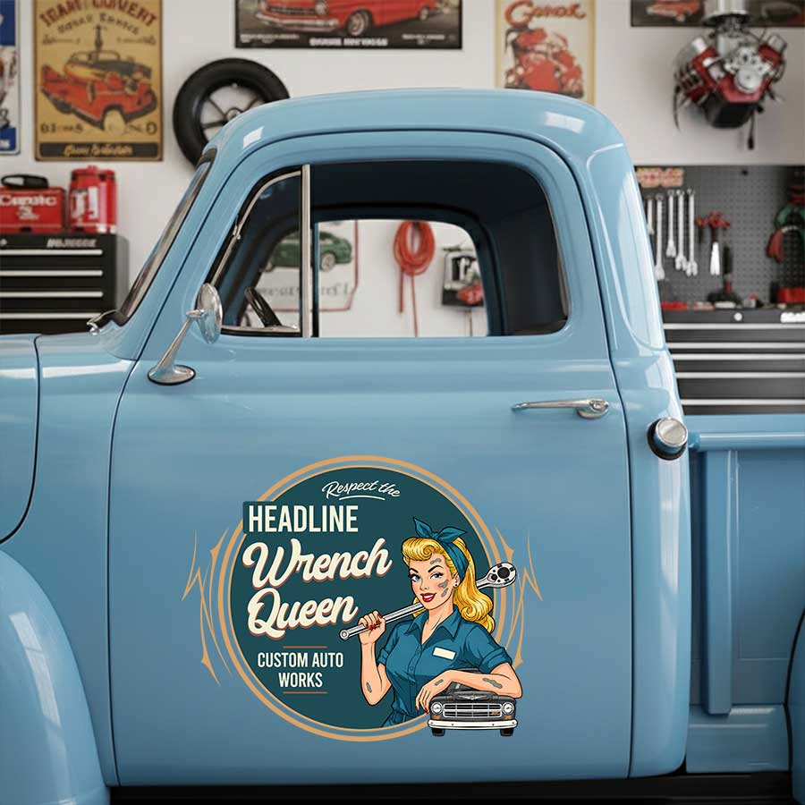 Personalized Wrench and Pinup Girl Decal for Truck Door with Vintage Automotive Design sticker 14317