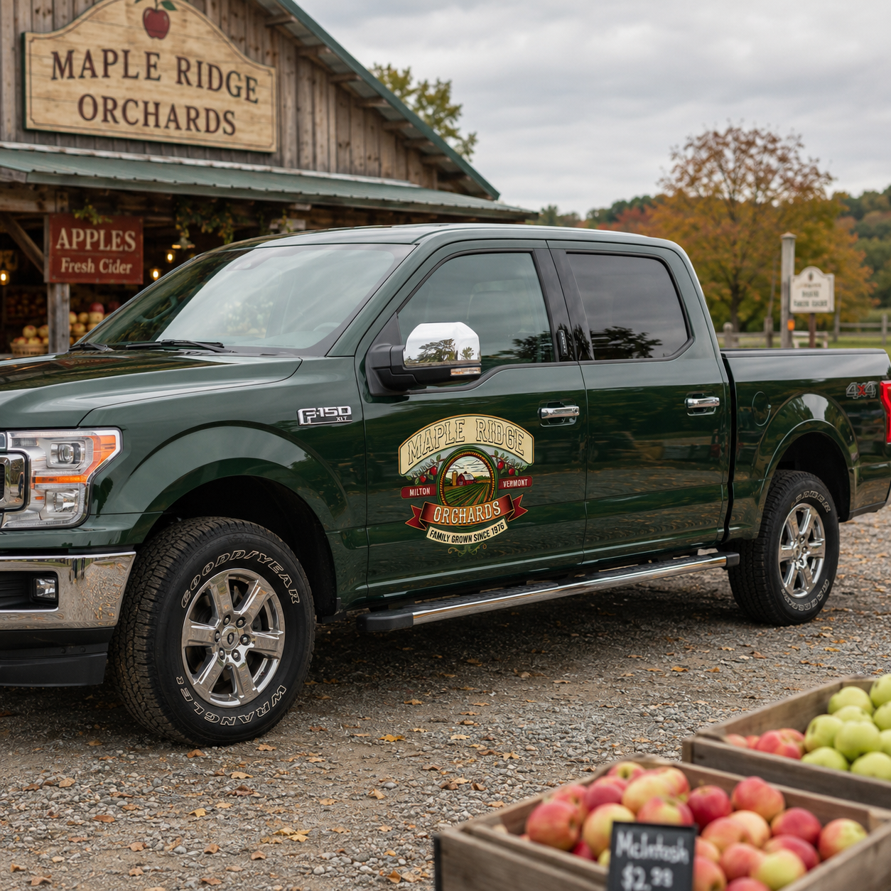 Personalized Farm Scene and Apples Decal for Truck Door with Vintage Agricultural Design sticker 14321 - Image 2