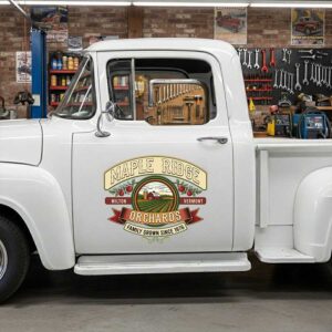 Personalized Farm Scene and Apples Decal for Truck Door with Vintage Agricultural Design sticker 14321
