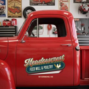 Personalized Rooster and Text Decal for Truck Door with Vintage Agricultural Design sticker 14322