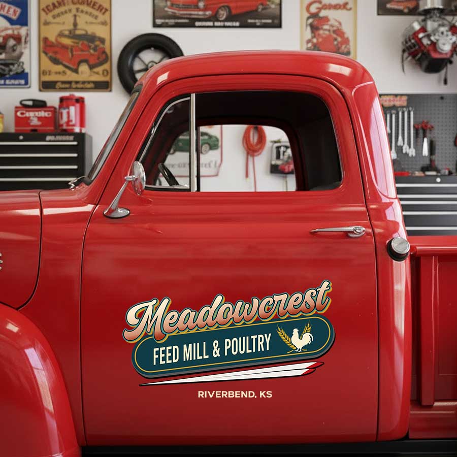 Personalized Rooster and Text Decal for Truck Door with Vintage Agricultural Design sticker 14322