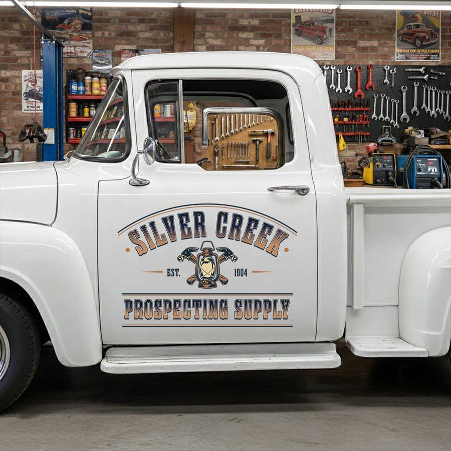 Personalized Lantern and Pickaxe Decal for Truck Door with Vintage Automotive Design sticker 14324