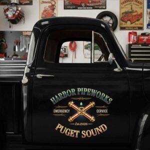 Personalized Crossed Pipes and Gear Decal for Truck Door with Vintage Automotive Design sticker 14325