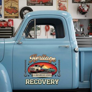 Personalized Tow Truck and Classic Car Decal for Truck Door with Vintage Automotive Design sticker 14326
