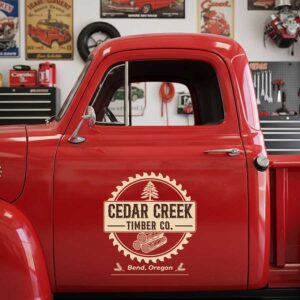 Personalized Gear and Tree Decal for Truck Door with Vintage Automotive Design sticker 14327