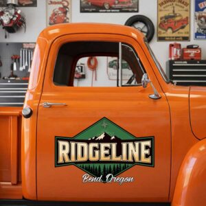 Personalized Mountain and Trees Decal for Truck Door with Vintage Automotive Design sticker 14332