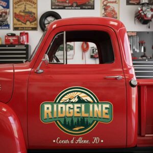 Personalized Mountain Landscape and Sunrise Decal for Truck Door with Vintage Automotive Design sticker 14333
